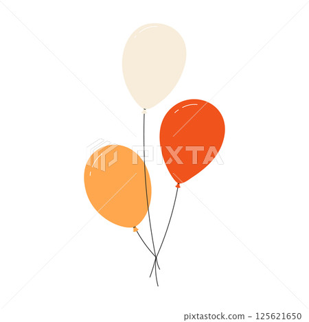 Bundle of colorful balloons with strings, floating party decoration in simple doodle style, birthday celebration icon. Flat vector illustration isolated on white background. 125621650