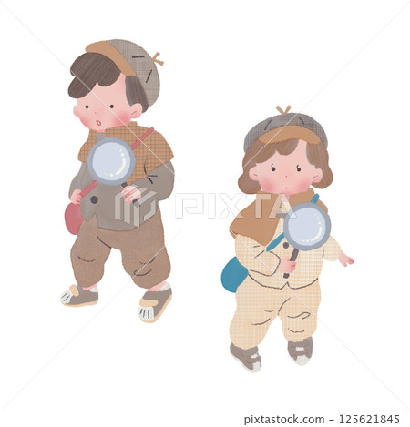 身穿偵探制服的男孩和女孩的插圖 身穿偵探制服的男孩和女孩的插圖 125621845