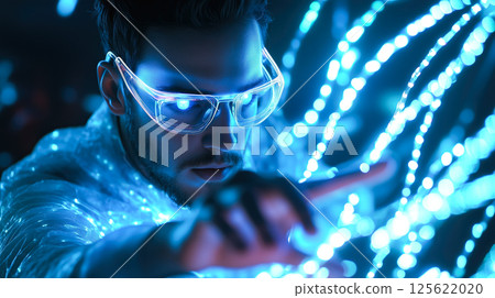 A man interacts with a neural network display and the glowing connections of AI. The concept of technology, and the fusion of human intellect with advanced machine learning. Generative AI. 125622020