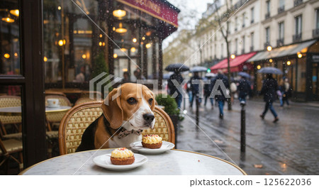 A dog watching people at a cafe 125622036