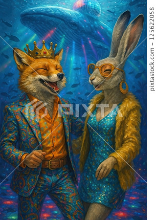 fox and rabbit dancing in the disco club funky music of the seventies 125622058