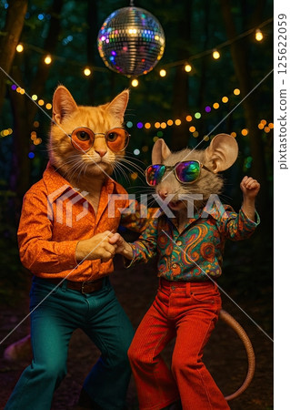 Cat and mouse dancing in the disco club funky music of the seventies Cat and mouse dancing in the disco club funky music of the seventies 125622059