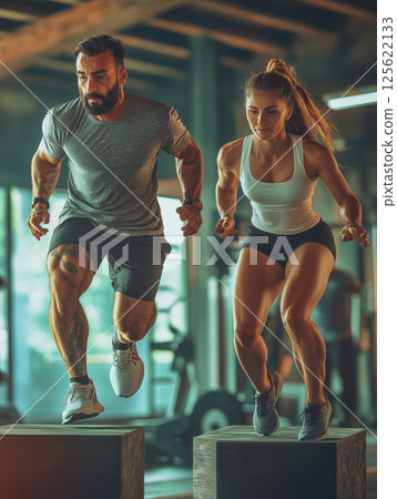 Dedicated trainer motivates client during intense box jump workout session Dedicated trainer motivates client during intense box jump workout session 125622133