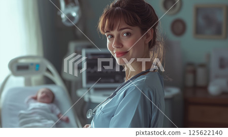 Visiting obstetrician interacts tenderly with newborn in the hospital room 125622140