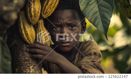 Lone boy with sorrowful eyes stands by cocoa tree in rural landscape 125622147
