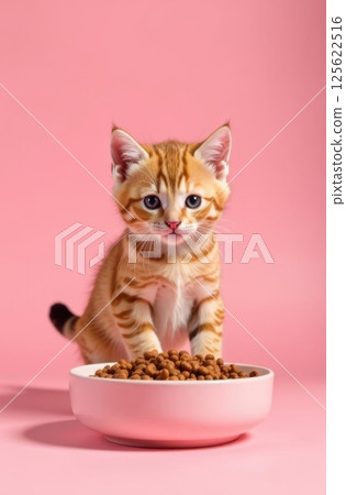 Ginger kitten eating dry food from pink bowl on pink background 125622516