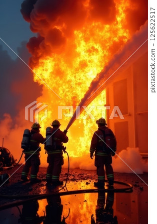 Firefighters extinguishing building fire at night 125622517