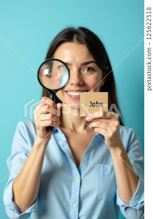 Smiling businesswoman holding magnifying glass and cardboard box with jobs inscription 125622518