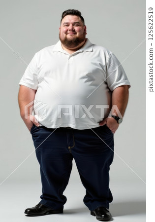 Overweight man smiling with hands in pockets in studio 125622519