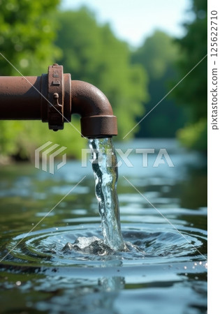 Rusty pipe pouring fresh water into river in nature 125622710