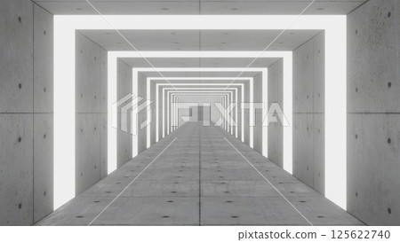 一個人在永恆空間中移動的 3DCG 插圖。被混凝土磚包圍的房間。 125622740