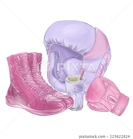 boxing gloves pink, sneakers for sports, smoothie blueberry, boxing helmet purple, sports set, isolated illustrations in high quality, for sporting goods design boxing gloves pink, sneakers for sports, smoothie blueberry, boxing helmet purple, sports set, isolated illustrations in high quality, for sporting goods design 125622824