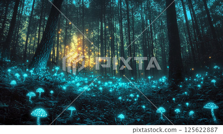 A fantastic night forest filled with glowing mushrooms 125622887