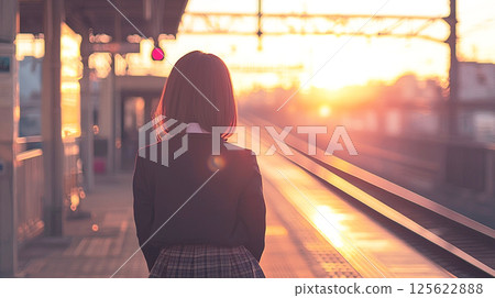 Back view of a high school girl standing at a station 125622888