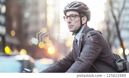 A businessman in a suit commuting by bicycle 125622889
