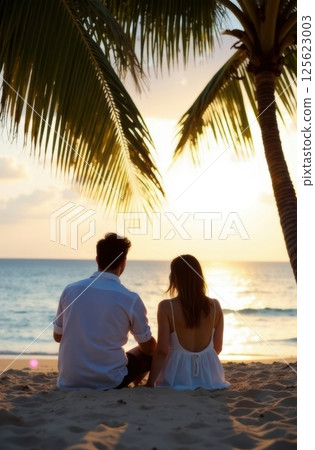 Couple enjoying romantic sunset on tropical beach under palm tree 125623003