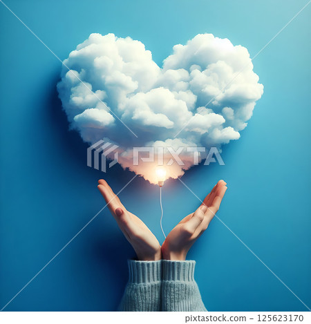 一隻手和一顆愛心組成的雲朵，中間形成的光泡，地球日，環境，環境保護，天氣相關信息，海上報告報告，材料表 125623170