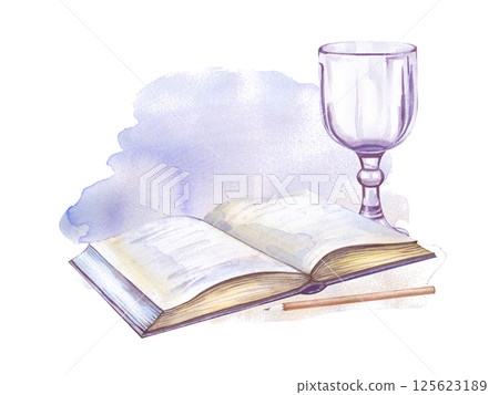 Watercolor composition with a book, pencil and a beautiful glass on the background of a blue watercolor spot. An open diary. Illustration on a white background. Watercolor composition with a book, pencil and a beautiful glass on the background of a blue watercolor spot. An open diary. Illustration on a white background. 125623189