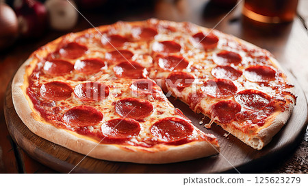slace of tasty pizza on wooden table 125623279