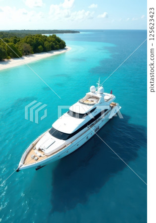 Luxury yacht sailing near tropical island in turquoise water 125623423