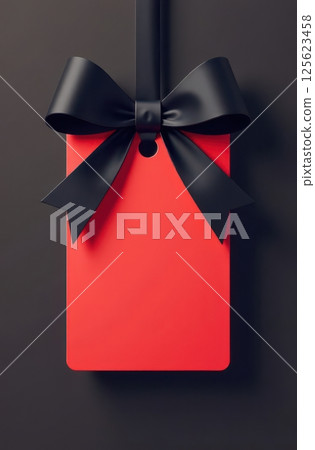 Red label mock-up hanging with black ribbon bow on dark background 125623458