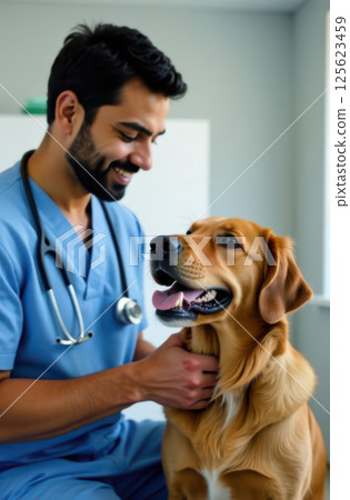 Veterinarian examining happy golden retriever in clinic 125623459