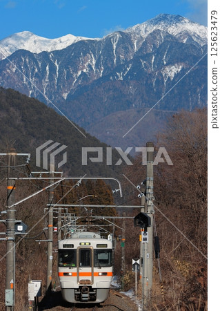 313系列車行駛在美麗的白雪皚皚的駒岳上_照片拍攝於2025年1月25日 125623479