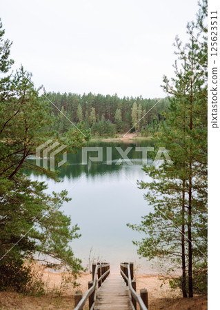 Wooden pier on the background of a beautiful lake summer dawn landscape. View from the shore 125623511