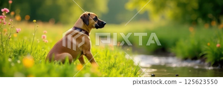 Rhodesian ridgeback puppy sitting by a stream in a flowery meadow 125623550