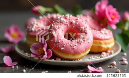Delightful Pink Donuts Topped with Sugar Crystals Surrounded by Fresh Flowers for Any Occasion Delightful Pink Donuts Topped with Sugar Crystals Surrounded by Fresh Flowers for Any Occasion 125623565