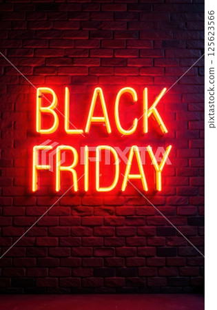 Neon black friday sign on brick wall with copy space Neon black friday sign on brick wall with copy space 125623566