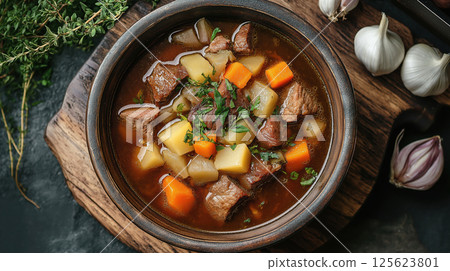Hearty beef stew with vegetables and fresh herbs 125623801