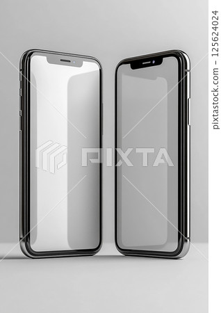 Two identical smartphones side by side, both with blank screen. 125624024