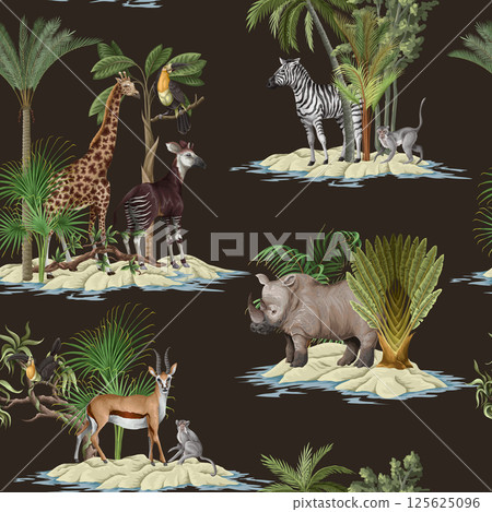 Seamless pattern with jungle animals and trees. Palm trees, giraffe, okapi, zebra etc. Vector. 125625096
