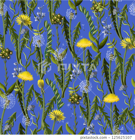 Seamless pattern with dandelion and wild flowers. 125625107