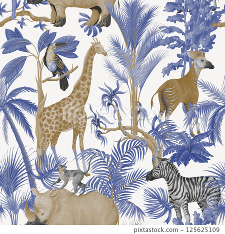 Seamless pattern with jungle animals and trees in blue color. Palm trees, giraffe, okapi, zebra etc. Vector. 125625109