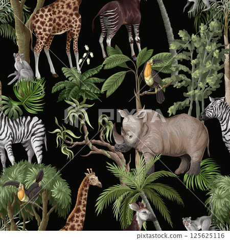 Seamless pattern with jungle animals and trees. Palm trees, giraffe, okapi, zebra etc. Vector. Seamless pattern with jungle animals and trees. Palm trees, giraffe, okapi, zebra etc. Vector. 125625116