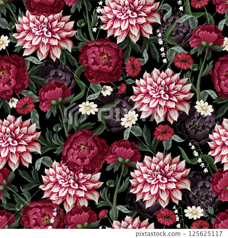 Seamless pattern with dahlia, peonies and wild flowers. Vector. Seamless pattern with dahlia, peonies and wild flowers. Vector. 125625117