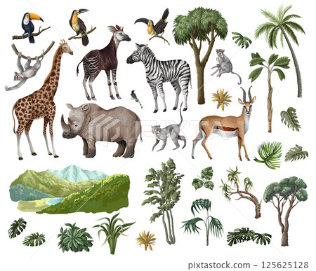 Jungle animals and trees isolated. Palm trees, giraffe, okapi, zebra etc. Vector. 125625128