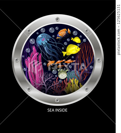 Print for t-shirt with bathyscaphe window and sea inhabitans 125625131