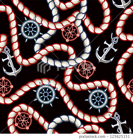 Seamless pattern with rope, anchor and steering wheel for fabric design. 125625151