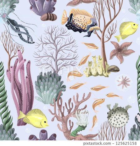 Seamless pattern with sea inhabitans and herb. 125625158