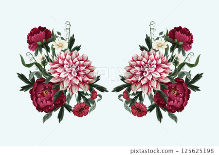 Bouquets with dahlia, peonies and wild flowers. Vector. 125625198