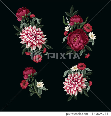 Bouquets with dahlia, peonies and wild flowers. Vector. 125625211