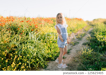 Child girl outdoors countryside. Child in denim dress with sunshine Child girl outdoors countryside. Child in denim dress with sunshine 125625405