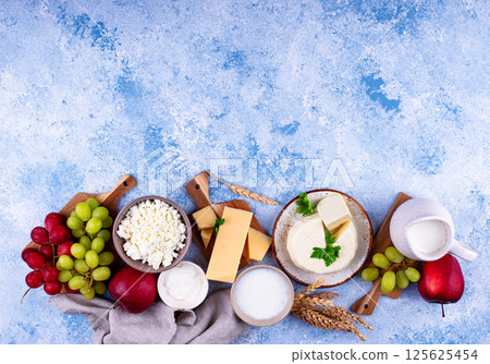 Judaic holiday Shavuot concept. Tzfat cheese and dairy products 125625454
