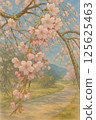 Illustration of cherry blossoms blooming on a country road 125625463