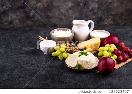 Judaic holiday Shavuot concept. Tzfat cheese and dairy products 125625467