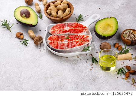 Healthy fat concept. Product with omega 3. Healthy fat concept. Product with omega 3. 125625472