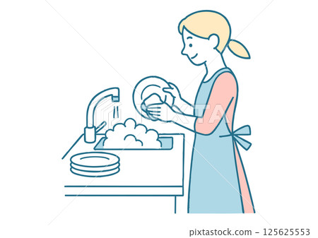 一位穿著圍裙洗碗的女人的插圖 125625553